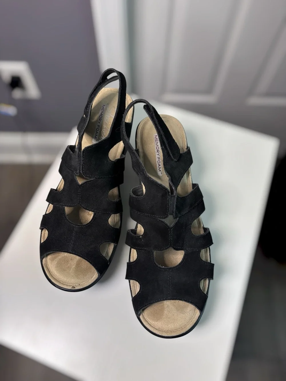 Skechers Memory Foam Black Suede Cutout Slingback Wedge Sandals 8.5